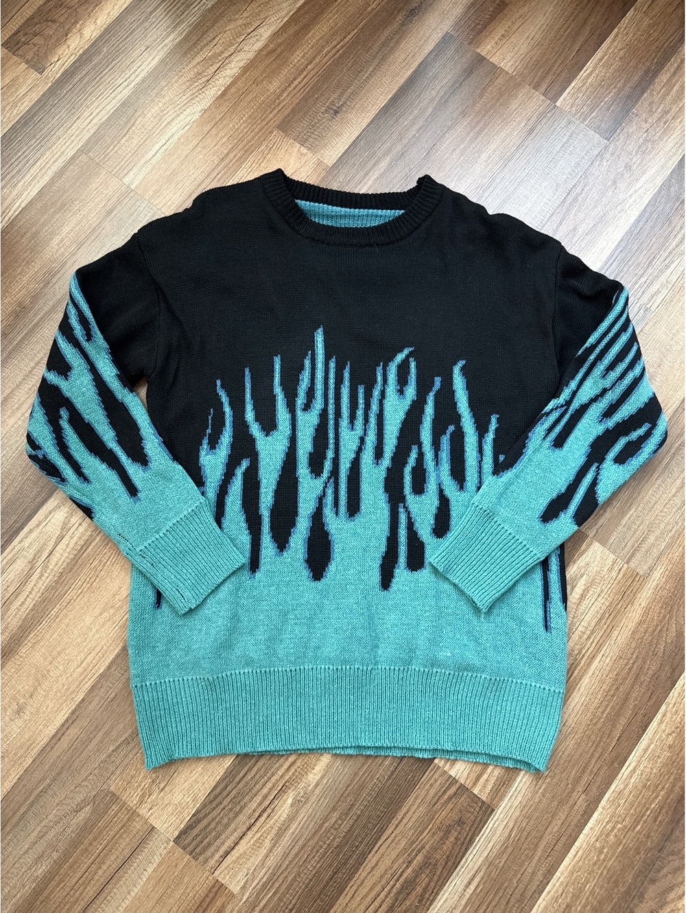 Flame Gradient Knit Sweater Men's Large Black Blue Crewneck Y2K Grunge